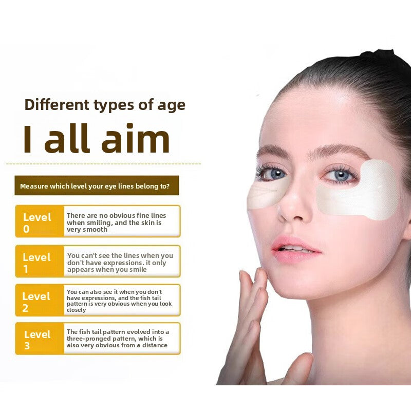 Woman with eye patches and educational chart about eye line levels on a white background