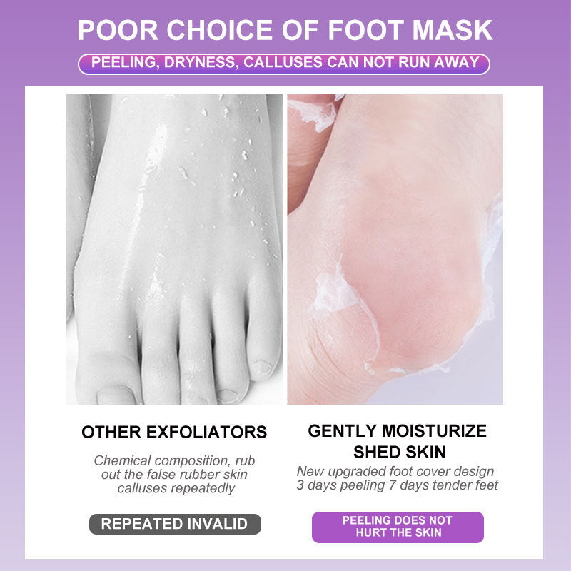 Advertisement for foot mask with before and after effects on feet, on a purple background.