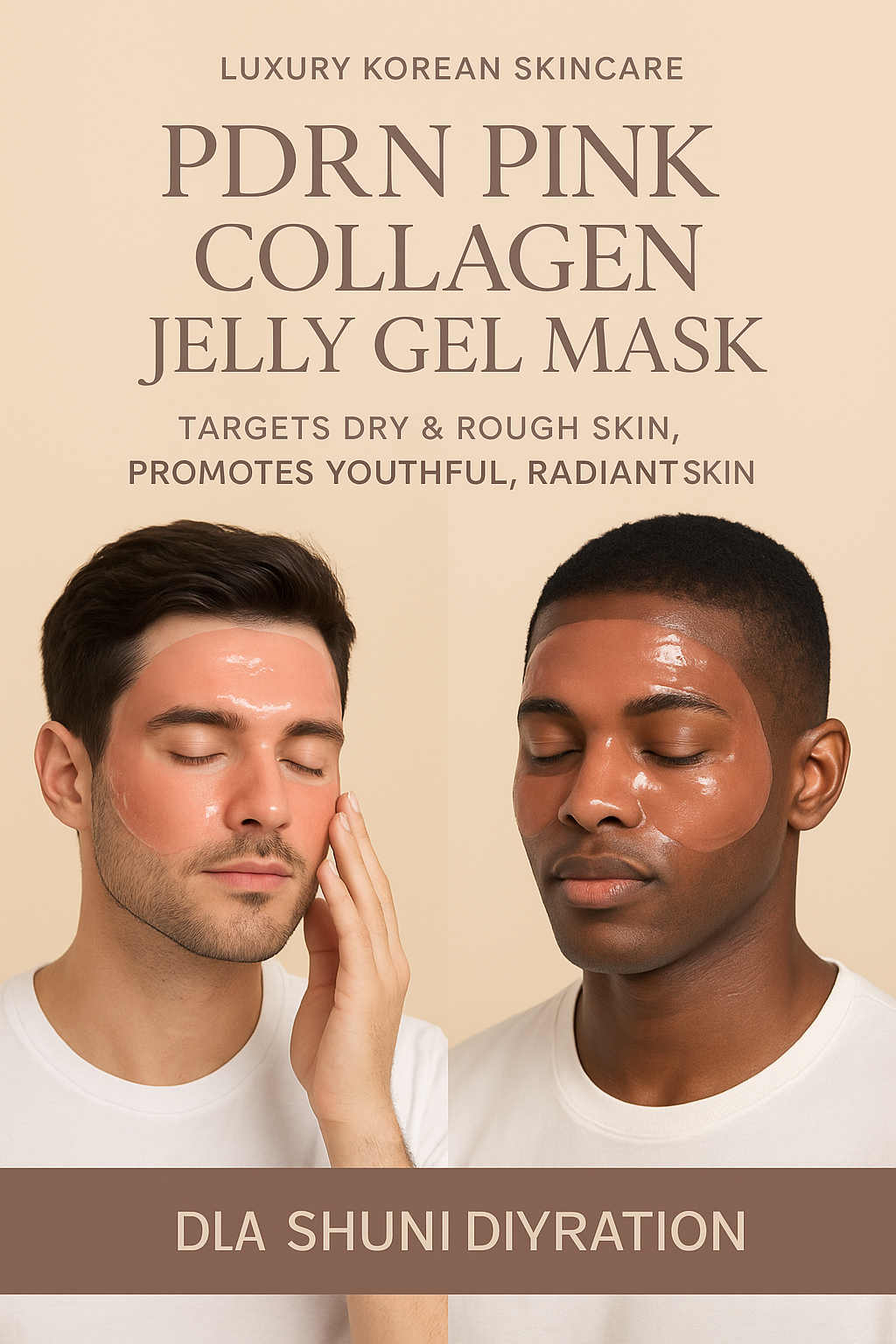 Two men applying a PDRN Pink Collagen Jelly Gel Mask with product description on a beige background.