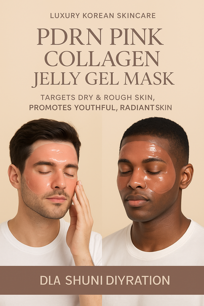 Two men applying a PDRN Pink Collagen Jelly Gel Mask with product description on a beige background.