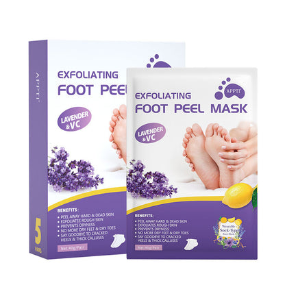 Exfoliating foot peel mask packaging with lavender and lemon graphics on a white background