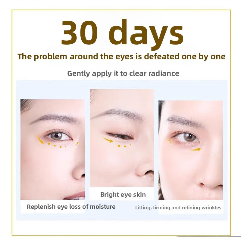 Advertisement for eye cream showing before and after effects on a person's eyes with text about results in 30 days.