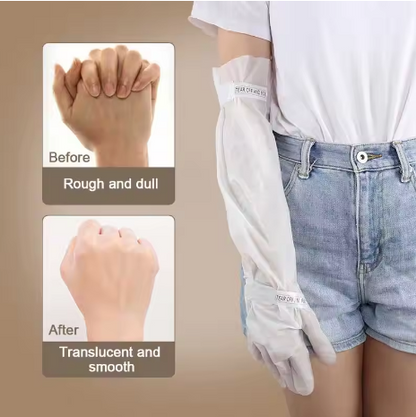 Person wearing gloves with 'Max One' branding, showing a before-and-after comparison of skin texture.