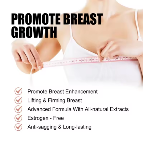 Person measuring chest with text promoting breast growth products.