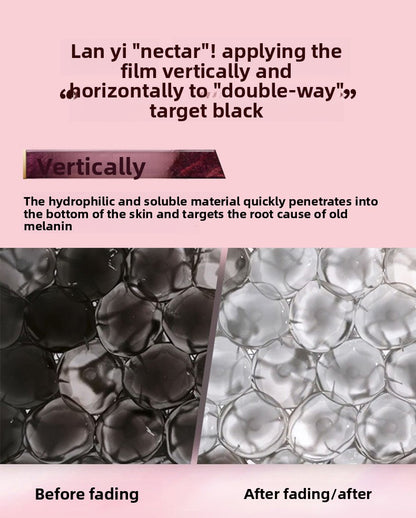 Before and after comparison of skin texture with text on a pink background