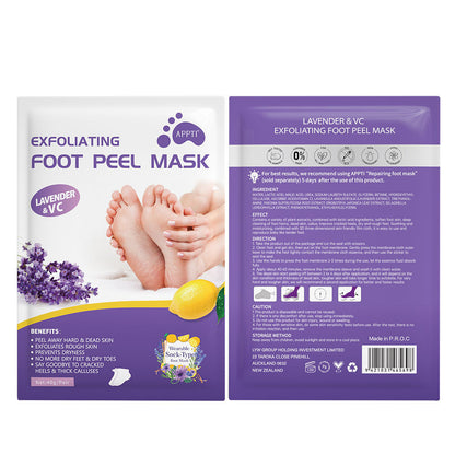 Exfoliating foot peel mask packaging with lavender and vitamin C ingredients on a white background