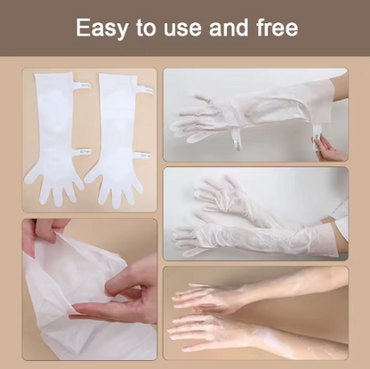 Collage of steps showing how to put on disposable gloves with text 'Easy to use and free' on a beige background.