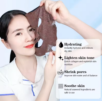 Woman holding a brown face mask with product benefits displayed on a light blue background