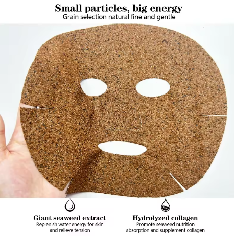 Cork face mask held by a hand with text about its ingredients and benefits.