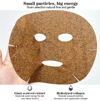 Cork face mask held by a hand with text about its ingredients and benefits.