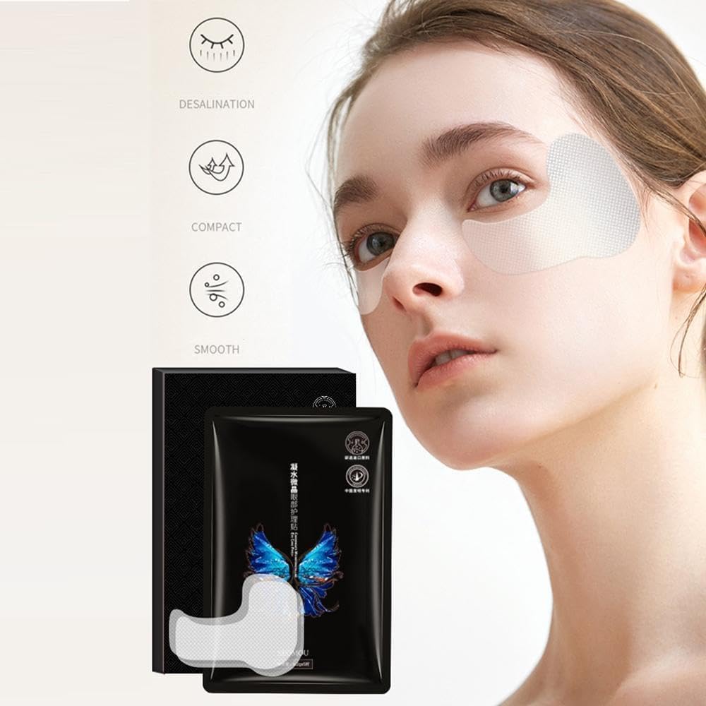 Woman wearing eye patches with product packaging and features on a white background