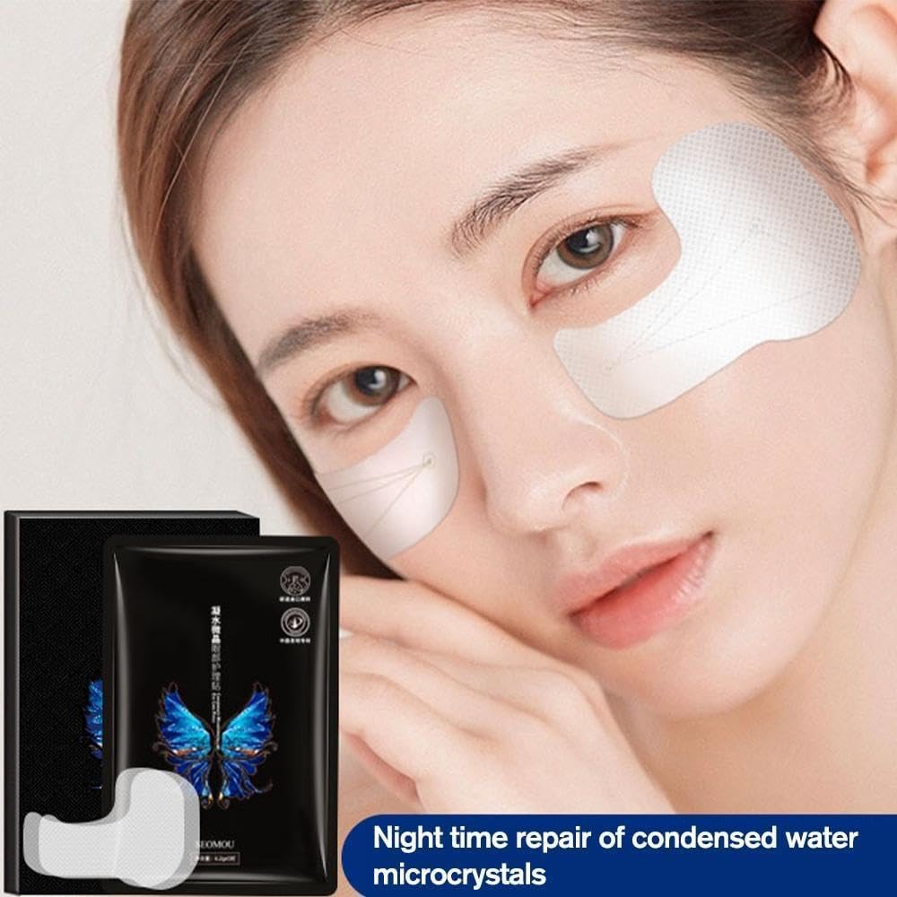 Woman wearing eye masks with a product packaging in the foreground