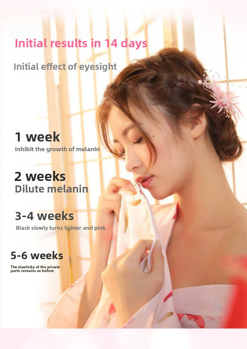 Woman with a pink flower in her hair, looking down, with text about initial results of an eye treatment.