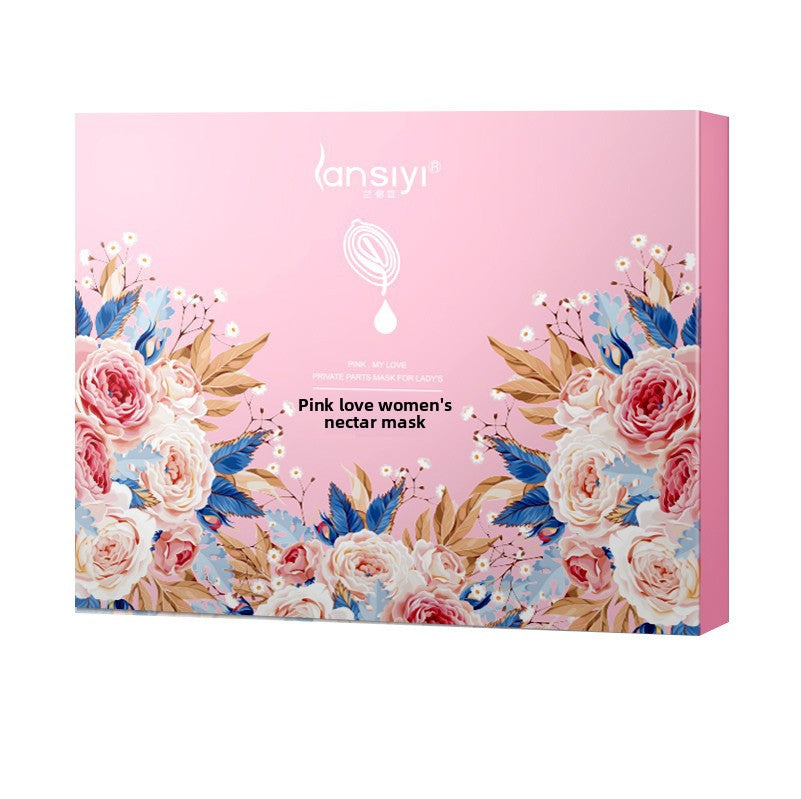 Floral packaging of Lanshiyi Pink Love Women's Nectar Mask on a pink background