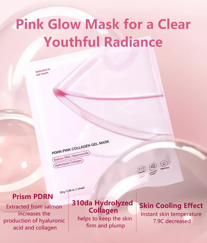 Pink glow mask with text highlighting its benefits on a pink background
