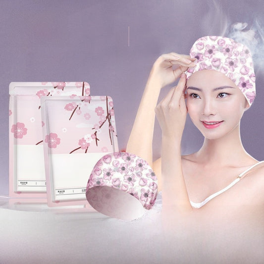 Woman wearing a floral headband with cherry blossom design, surrounded by matching products on a light purple background.