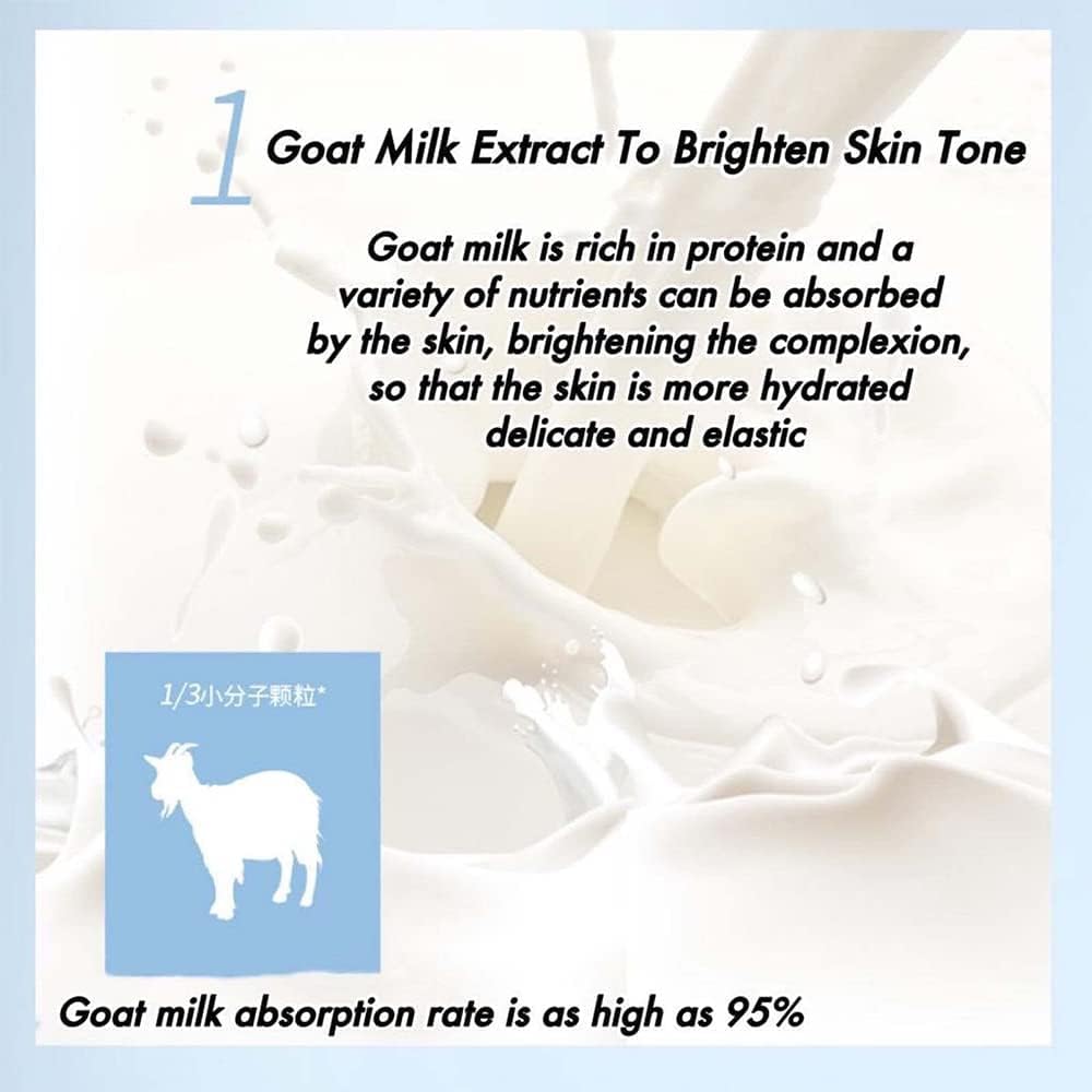 Goat milk extract text with a close-up of milk and a goat icon on a light blue background.