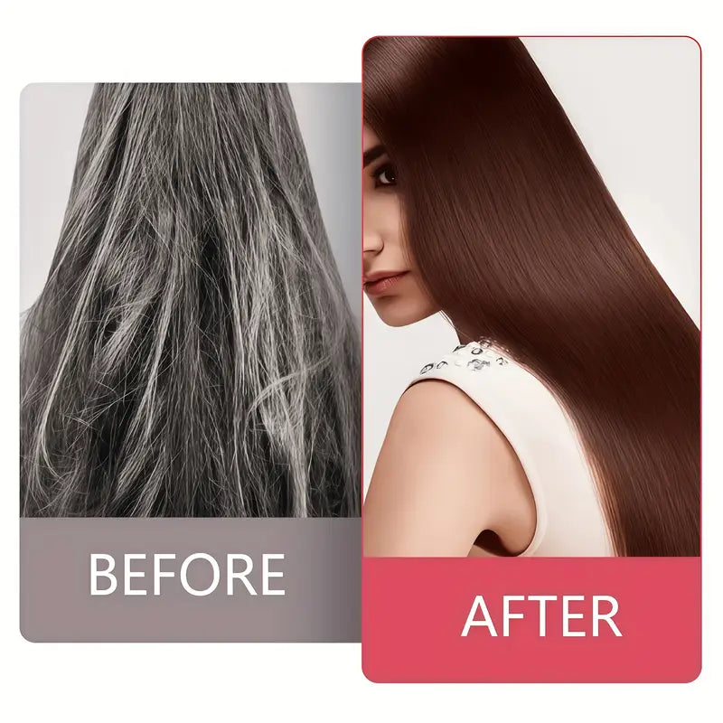 Before and after comparison of hair color transformation with a woman's face on a white background.