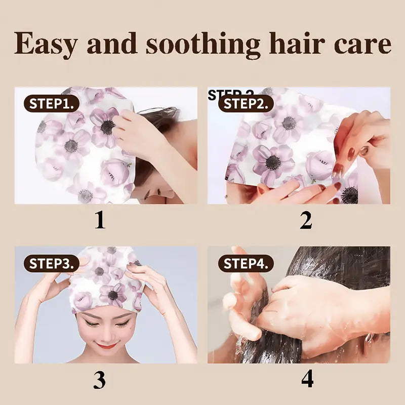 Step-by-step guide on using a floral hair care product with text 'Easy and soothing hair care'.