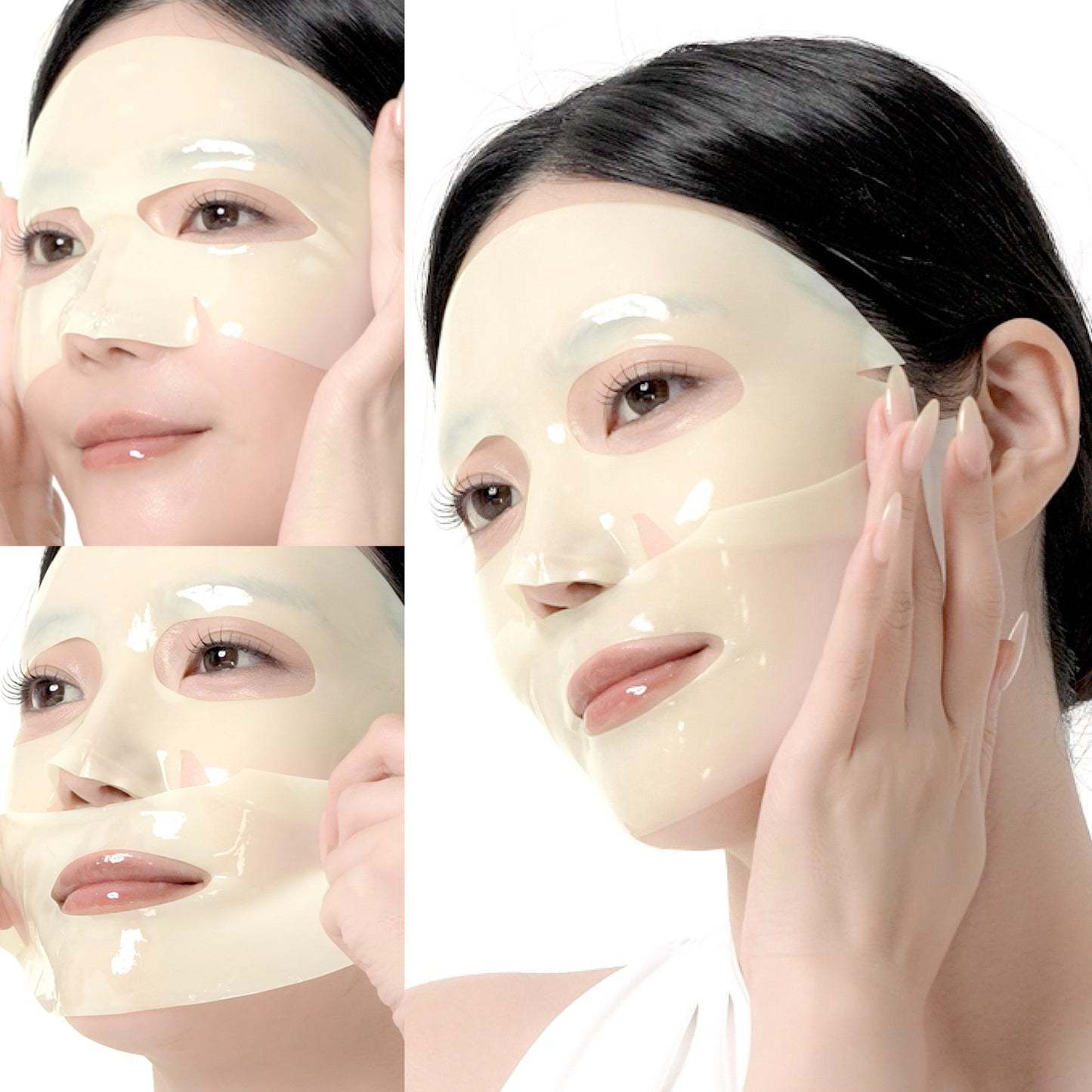 Collage of a woman applying a facial mask with close-up details.