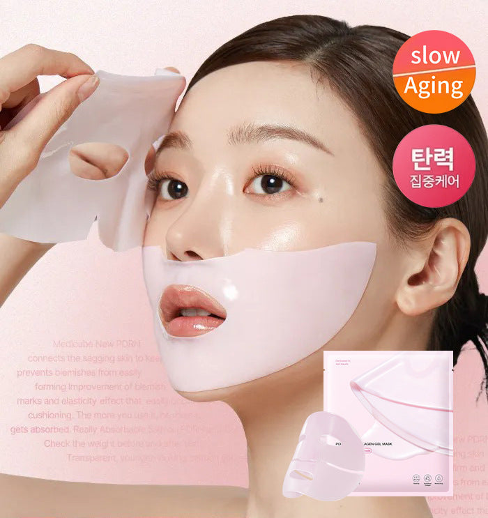 Woman applying a face mask with 'slow Aging' branding on a pink background